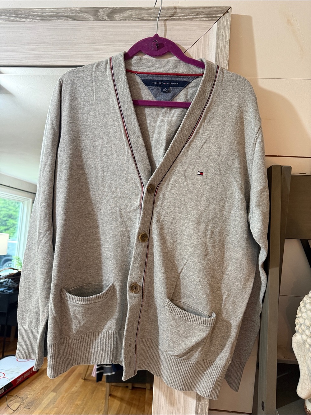 Tommy Hilfiger Light Gray V-Neck Cardigan with Contrast Trim
